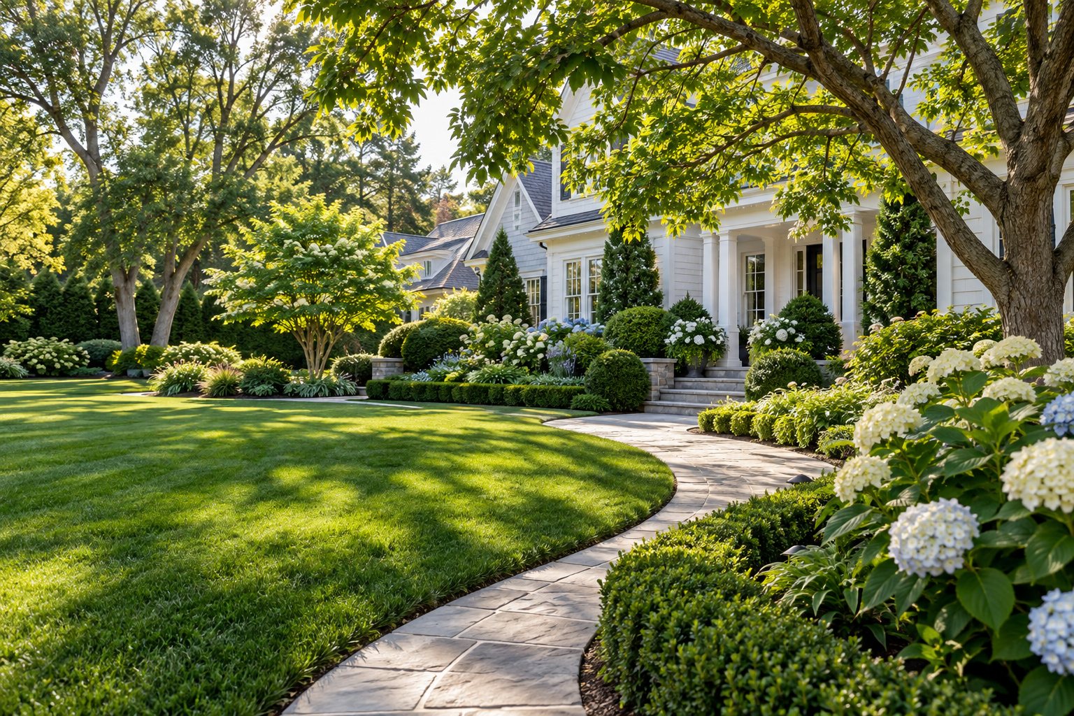 Garden with a curved stone path, green lawn and hydrangeas